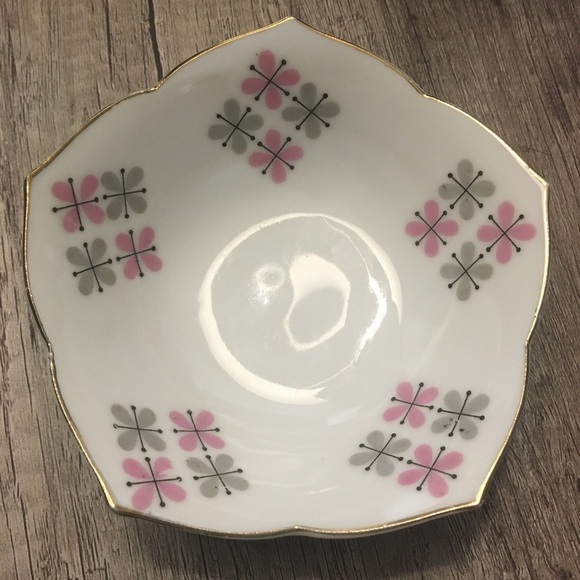 Vintage Bowl Porcelain Tulip Shape Trinket Dish Japan Atomic Flower Grey Pink - Picture 9 of 12